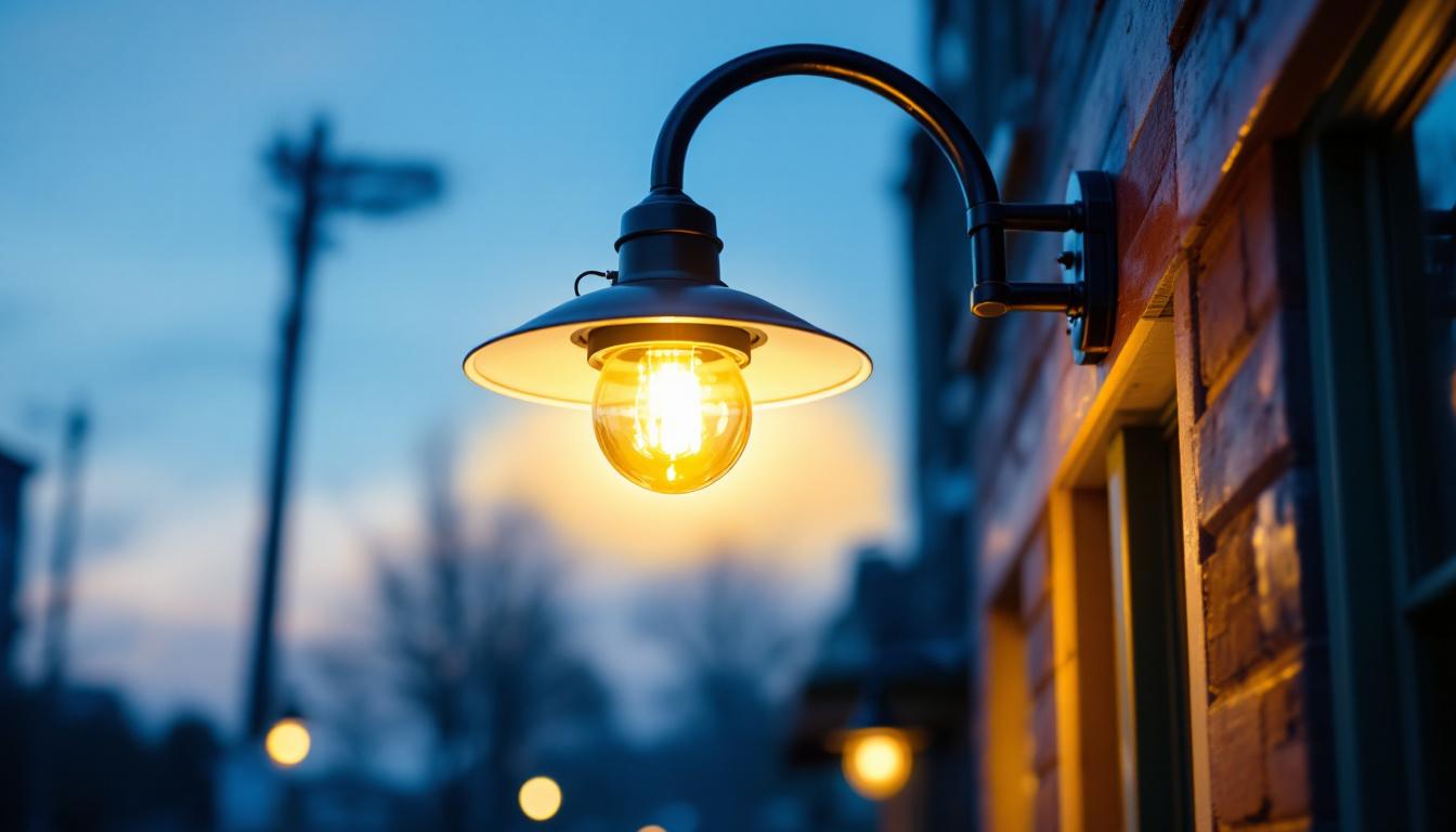 A photograph of a gooseneck sign light elegantly illuminating a storefront or outdoor sign at dusk