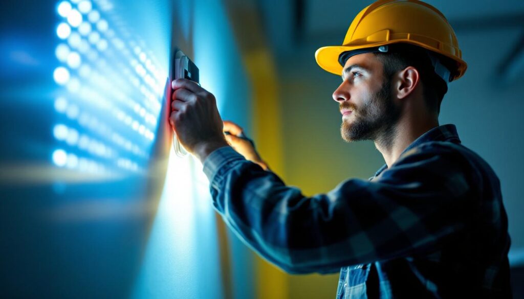 A photograph of a lighting contractor at work