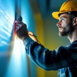 A photograph of a lighting contractor at work