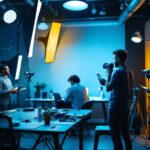 A photograph of a diverse team of professionals engaged in a dynamic lighting training session