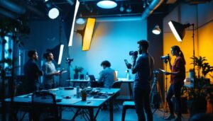 A photograph of a diverse team of professionals engaged in a dynamic lighting training session