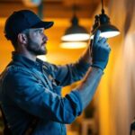 A photograph of a skilled lighting contractor at work