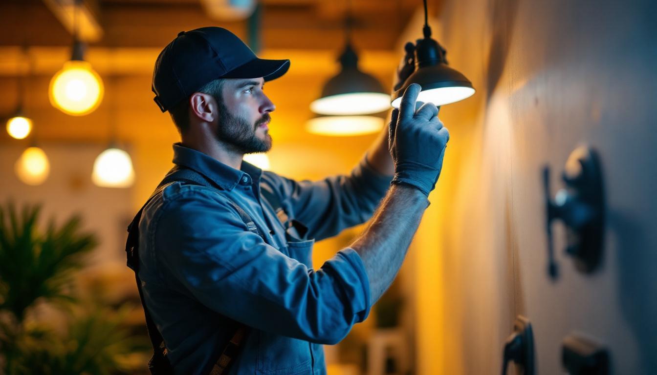 A photograph of a skilled lighting contractor at work
