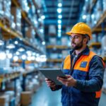 A photograph of a lighting contractor evaluating various wholesale lighting options in a well-organized distribution warehouse