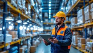 A photograph of a lighting contractor evaluating various wholesale lighting options in a well-organized distribution warehouse