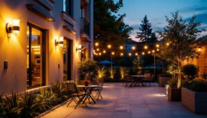 A photograph of a beautifully illuminated outdoor space featuring stylish lighting fixtures and strategically placed outlets