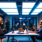 A photograph of a well-lit workspace showcasing a lighting contractor installing 2x4 led panel lights in a modern office setting