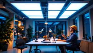 A photograph of a well-lit workspace showcasing a lighting contractor installing 2x4 led panel lights in a modern office setting
