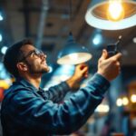 A photograph of a lighting contractor expertly installing or adjusting a stylish store lighting fixture in a vibrant retail environment
