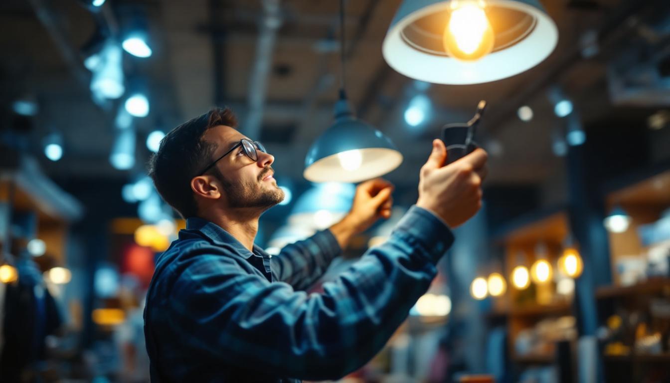 A photograph of a lighting contractor expertly installing or adjusting a stylish store lighting fixture in a vibrant retail environment