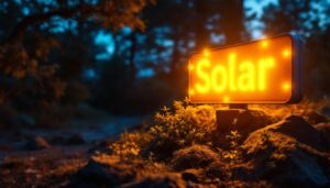 A photograph of a beautifully illuminated outdoor sign at dusk