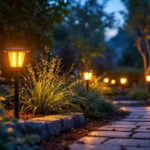 A photograph of a beautifully illuminated outdoor landscape featuring high-quality solar landscape lights in a garden setting during dusk