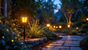 A photograph of a beautifully illuminated outdoor landscape featuring high-quality solar landscape lights in a garden setting during dusk