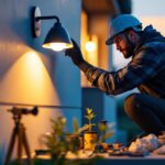 A photograph of a lighting contractor expertly installing a stylish led dusk-to-dawn light fixture in a modern outdoor setting