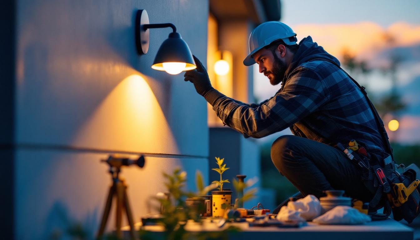 A photograph of a lighting contractor expertly installing a stylish led dusk-to-dawn light fixture in a modern outdoor setting