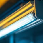 A photograph of a close-up shot of a 4-bulb fluorescent ballast installed in a commercial lighting fixture