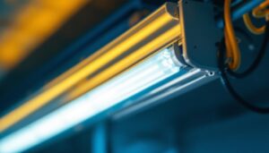 A photograph of a close-up shot of a 4-bulb fluorescent ballast installed in a commercial lighting fixture