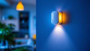 A photograph of a wall-mounted motion sensor installed in a stylish residential or commercial setting