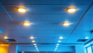 A photograph of a well-lit drop ceiling installation featuring recessed lights