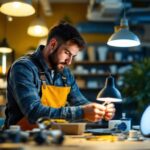 A photograph of a skilled lighting contractor expertly wiring a fluorescent lamp
