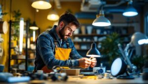 A photograph of a skilled lighting contractor expertly wiring a fluorescent lamp