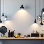 A photograph of a modern industrial lighting wall installation in a well-lit workspace