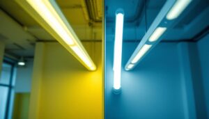 A photograph of a side-by-side comparison of t8 and t12 fluorescent light tubes