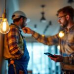 A photograph of a lighting contractor efficiently installing smart lighting systems in a modern home