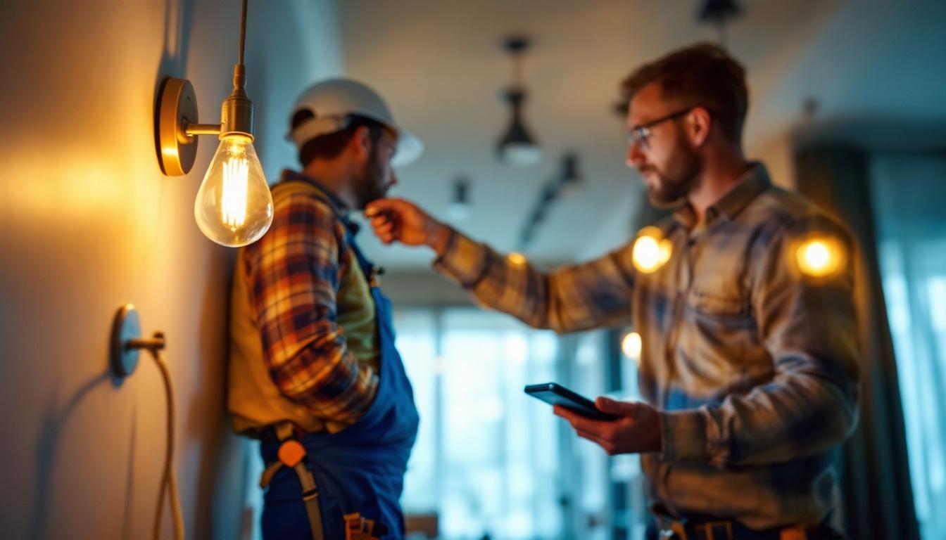 A photograph of a lighting contractor efficiently installing smart lighting systems in a modern home