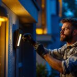 A photograph of a skilled lighting contractor installing modern led exterior lights on a residential property