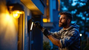 A photograph of a skilled lighting contractor installing modern led exterior lights on a residential property