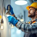 A photograph of a skilled lighting contractor expertly installing or adjusting various types of modern lighting fixtures in a well-lit