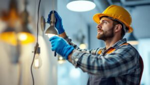 A photograph of a skilled lighting contractor expertly installing or adjusting various types of modern lighting fixtures in a well-lit