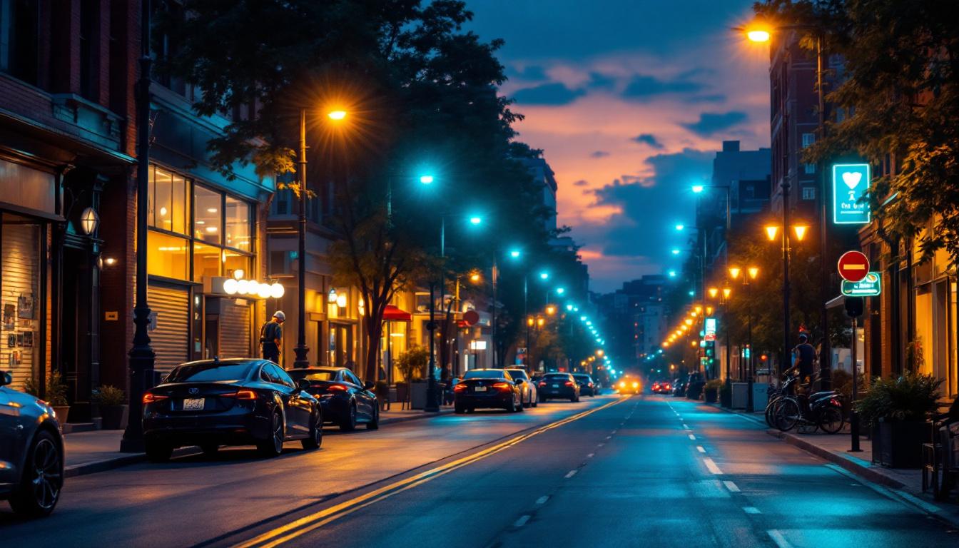 A photograph of a bustling urban street at dusk