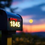 A photograph of a beautifully illuminated mailbox featuring solar-powered lights that clearly highlight the mailbox numbers