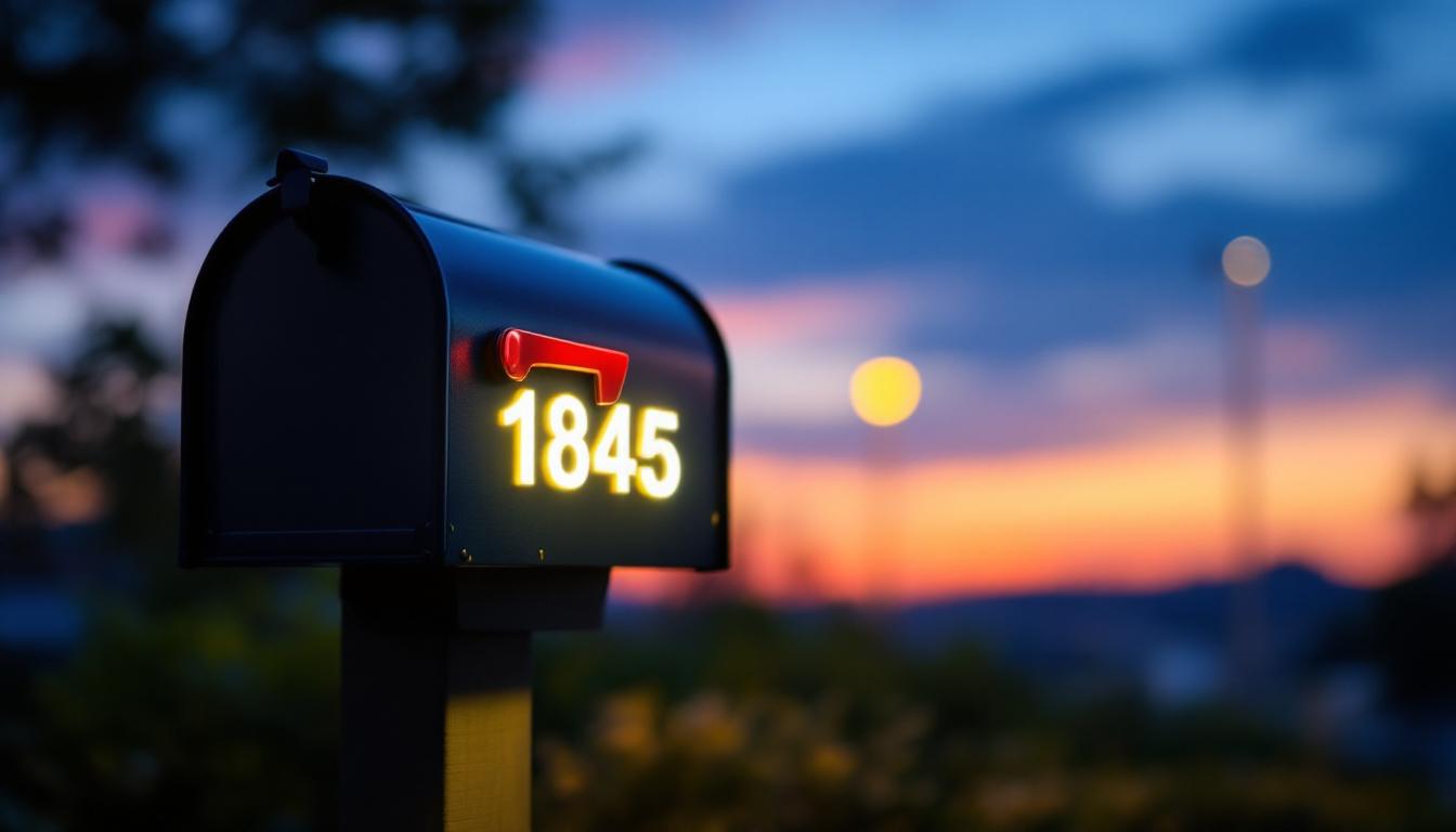 A photograph of a beautifully illuminated mailbox featuring solar-powered lights that clearly highlight the mailbox numbers