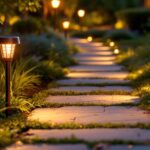 A photograph of a beautifully illuminated pathway featuring various styles of copper solar pathway lights