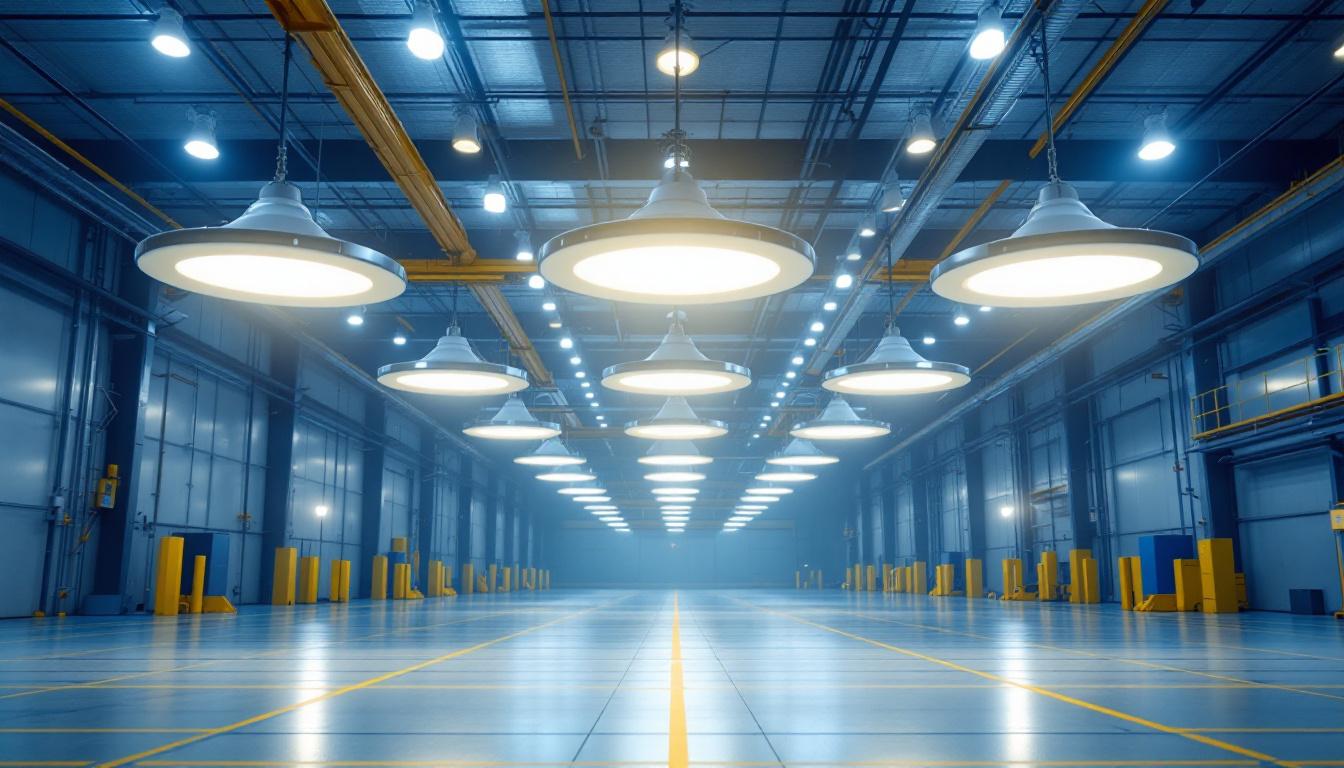 A photograph of a well-lit industrial space showcasing led ufo high bay lights in action