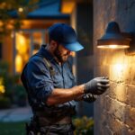 A photograph of a skilled lighting contractor at work