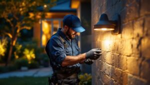 A photograph of a skilled lighting contractor at work