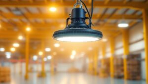 A photograph of a well-lit industrial or commercial space showcasing the ufo high bay light 100w in action