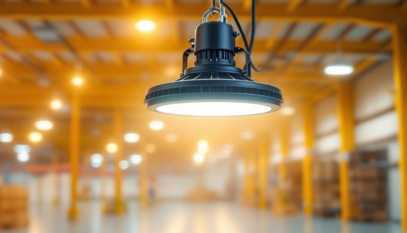 A photograph of a well-lit industrial or commercial space showcasing the ufo high bay light 100w in action