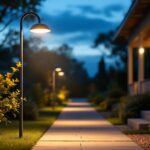 A photograph of a well-designed goose neck outdoor light illuminating a beautifully landscaped pathway or garden at dusk