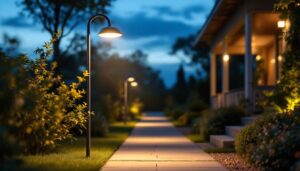 A photograph of a well-designed goose neck outdoor light illuminating a beautifully landscaped pathway or garden at dusk