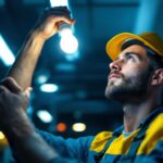 A photograph of a lighting contractor expertly replacing an old fluorescent bulb with a new led fluorescent replacement bulb