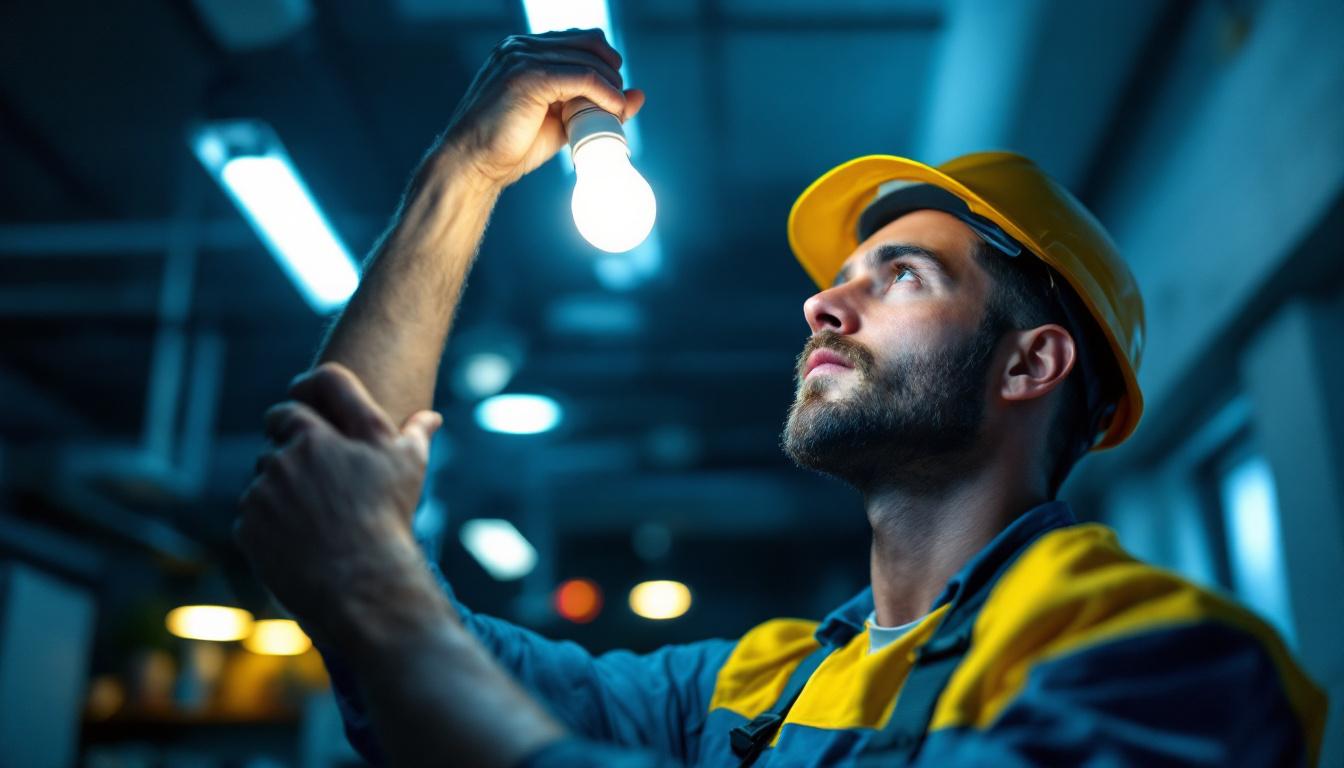 A photograph of a lighting contractor expertly replacing an old fluorescent bulb with a new led fluorescent replacement bulb