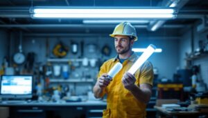A photograph of a lighting contractor examining and comparing t12 and t8 fluorescent tubes in a well-lit workspace
