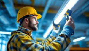 A photograph of a skilled lighting contractor installing a fluorescent lamp in a commercial space