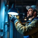 A photograph of a skilled lighting contractor at work