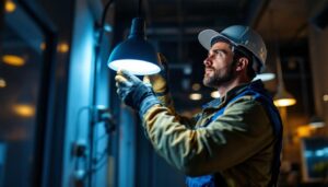 A photograph of a skilled lighting contractor at work